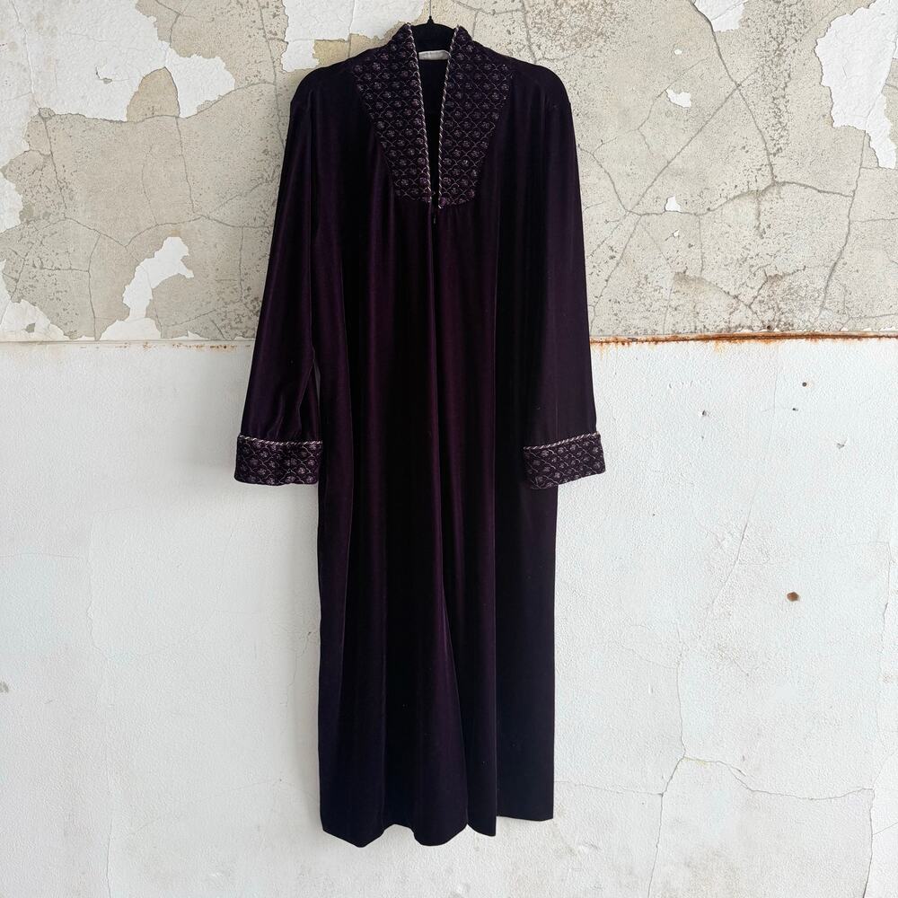 Vtg Velvet Maxi Robe 90s Adonna Zip Front Housecoat Glam Loungewear Nightgown L